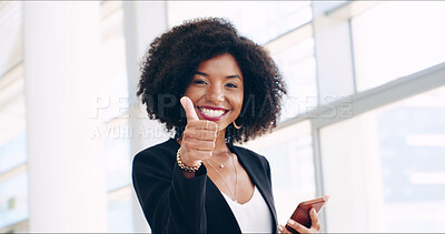 Buy stock photo Business woman, phone and thumbs up in office lobby with social media, email or convention approval. Agreement, promotion and consultant with cellphone, mobile app and chat online for conference