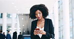 Business woman, smartphone and schedule in office lobby with social media, email or convention networking. Communication, internet and consultant with phone, mobile app and chat online for conference