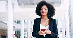 Business woman, phone and thinking in office lobby with social media, email or convention networking. Communication, internet and consultant with cellphone, mobile app and chat online for conference