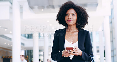 Buy stock photo Business woman, phone and thinking in office lobby with social media, email or convention networking. Communication, internet and consultant with cellphone, mobile app and chat online for conference