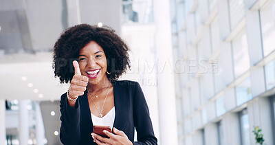 Buy stock photo Business woman, cellphone and thumbs up in office lobby with social media, email or convention approval. Agreement, promotion and consultant with phone, mobile app and chat online for conference