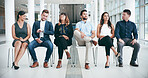 Recruitment, hiring and business people in waiting room for vacancy, interview time and preparation. Onboarding, candidate group and appointment in lobby queue for human resources and job opportunity