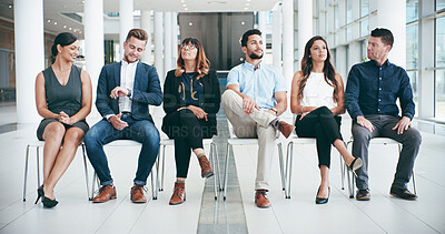 Buy stock photo Recruitment, hiring and business people in waiting room for vacancy, interview time and preparation. Onboarding, candidate group and appointment in lobby queue for human resources and job opportunity