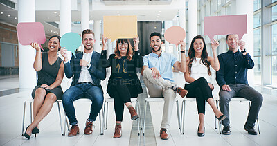 Buy stock photo Speech bubble, business people and advertising for recruitment, join us and portrait in lobby waiting room. We are hiring, poster and banner mockup with group for social media, voice or announcement