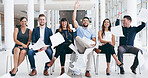 Business, people and documents in air for success, interview line and job opportunity achievement. Portrait, corporate group and happy hiring candidates throwing paper for onboarding win or victory
