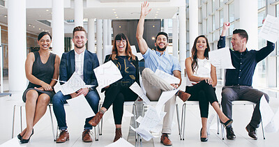 Buy stock photo Business, people and documents in air for success, interview line and job opportunity achievement. Portrait, corporate group and happy hiring candidates throwing paper for onboarding win or victory