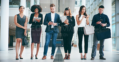 Buy stock photo Business people, technology in line and waiting room for interview or hiring, recruitment process and job opportunity. Corporate group, professional candidates with online CV check for onboarding