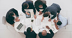 Above, meeting and discussion with business people in office for budget planning, schedule and proposal. Project management, documents and technology with teamwork for paperwork, strategy or campaign