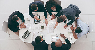 Buy stock photo Above, meeting and discussion with business people in office for budget planning, schedule and proposal. Project management, documents and technology with teamwork for paperwork, strategy or campaign