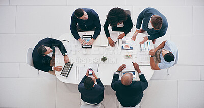 Buy stock photo Above, meeting and teamwork with business people in office for budget planning, schedule and proposal. Project management, documents and technology with employees for paperwork, strategy and campaign