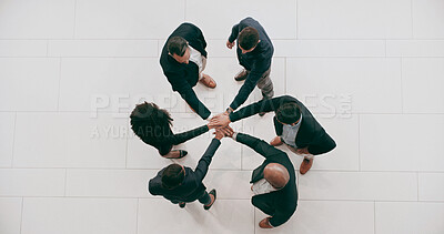 Buy stock photo Above, teamwork and business people with hands together for team building, motivation and support. Group collaboration, huddle and circle for success, winning and employees in celebration or planning