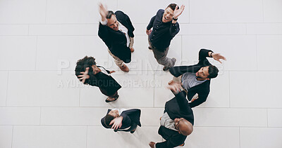 Buy stock photo Business, circle and people with celebration in office for corporate target, sales achievement or team building. Above, professional employees or huddle for company success, financial goals and pride