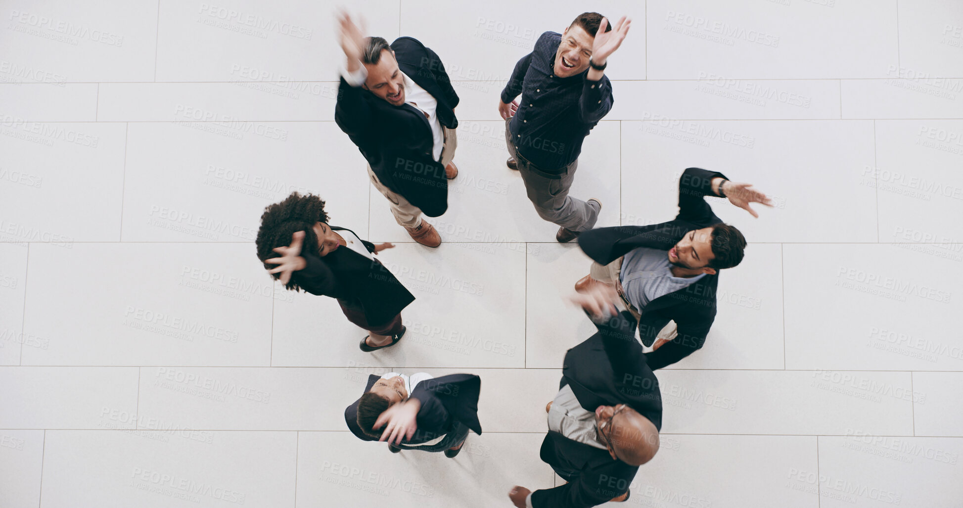 Buy stock photo Business, circle and people with celebration in office for corporate target, sales achievement or team building. Above, professional employees or huddle for company success, financial goals and pride