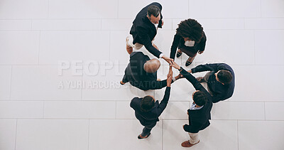 Buy stock photo Above, teamwork and business people with handshake for team building, greeting and b2b support. Group collaboration, deal and partnership for introduction, negotiation and employees in mockup space