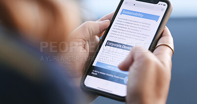 Buy stock photo Phone screen, research and person in office, online and info for corporate sustainability and browsing. Business, closeup and article for investment in renewable energy, mobile and hands with tech