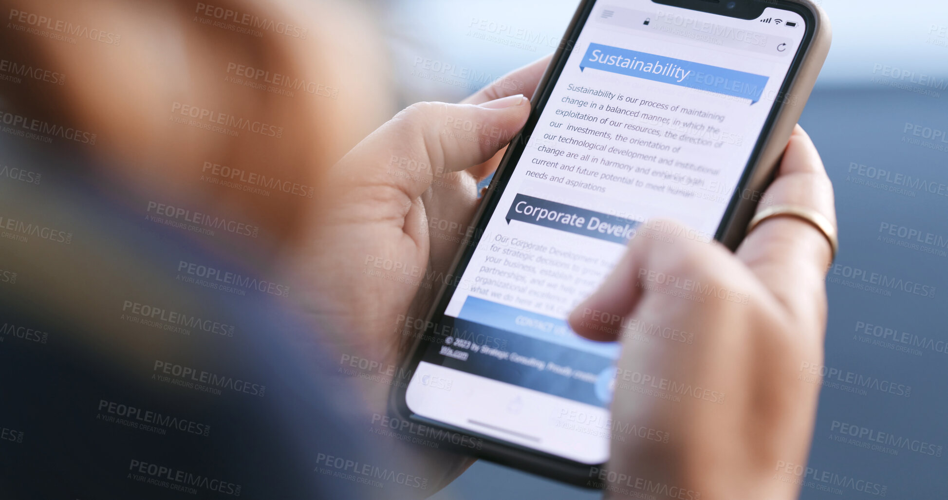 Buy stock photo Phone screen, research and person in office, online and info for corporate sustainability and browsing. Business, closeup and article for investment in renewable energy, mobile and hands with tech