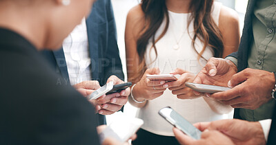 Buy stock photo Hands, circle and business people with smartphone, internet and connection with social media. Employees, group and coworking in office, cellphone and digital app with company website and email