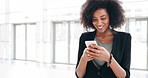 Business woman, phone and texting in office lobby with social media, email or convention networking. Communication, internet and consultant with cellphone, mobile app and chat online for conference