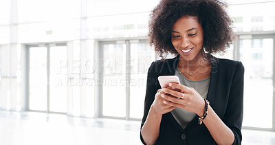 Buy stock photo Business woman, phone and texting in office lobby with social media, email or convention networking. Communication, internet and consultant with cellphone, mobile app and chat online for conference