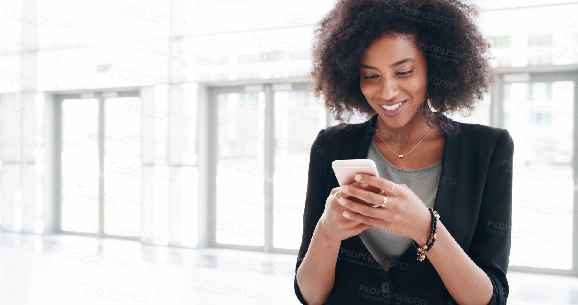 Buy stock photo Business woman, phone and texting in office lobby with social media, email or convention networking. Communication, internet and consultant with cellphone, mobile app and chat online for conference
