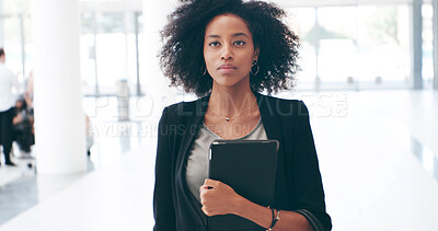 Buy stock photo African woman, lawyer and tablet in hallway, office and ready for meeting, consultation or court case. Person, attorney or advocate with touchscreen for contact, schedule or start morning at law firm