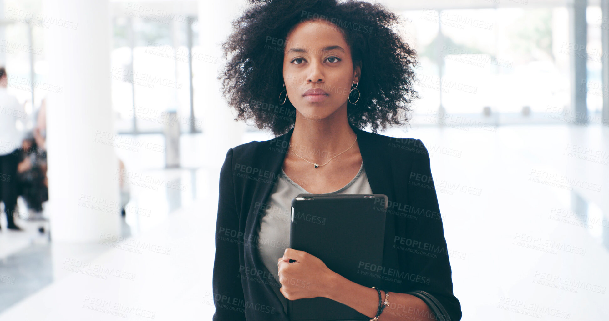 Buy stock photo African woman, lawyer and tablet in hallway, office and ready for meeting, consultation or court case. Person, attorney or advocate with touchscreen for contact, schedule or start morning at law firm
