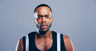 Buy stock photo Portrait, stress or sad black man in studio with concern, worry or mental health crisis on gray background space. Unhappy face, depression or male person with anger, frustrated or anxiety for mistake