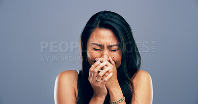 Buy stock photo Grief, crying and woman with heartbreak, studio and sad for loss of relationship, divorce and emotional. Mockup space, blue background and person with depression for breakup, disappointed and lonely