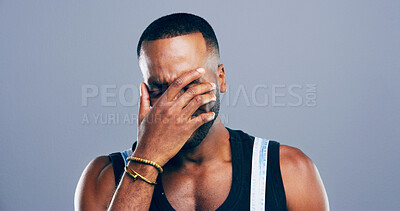 Buy stock photo African man, grief and crying tears in studio with depression, mourning loss and emotional memory. Person, sad and mockup space with mental health crisis, bad news and PTSD trauma on gray background