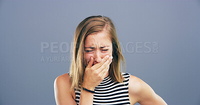 Buy stock photo Depression, woman and grief with crying in studio for mental health, pain and loss with mockup space. Emotional, person and sorrow on gray background for mourning, broken heart or unhappy from trauma