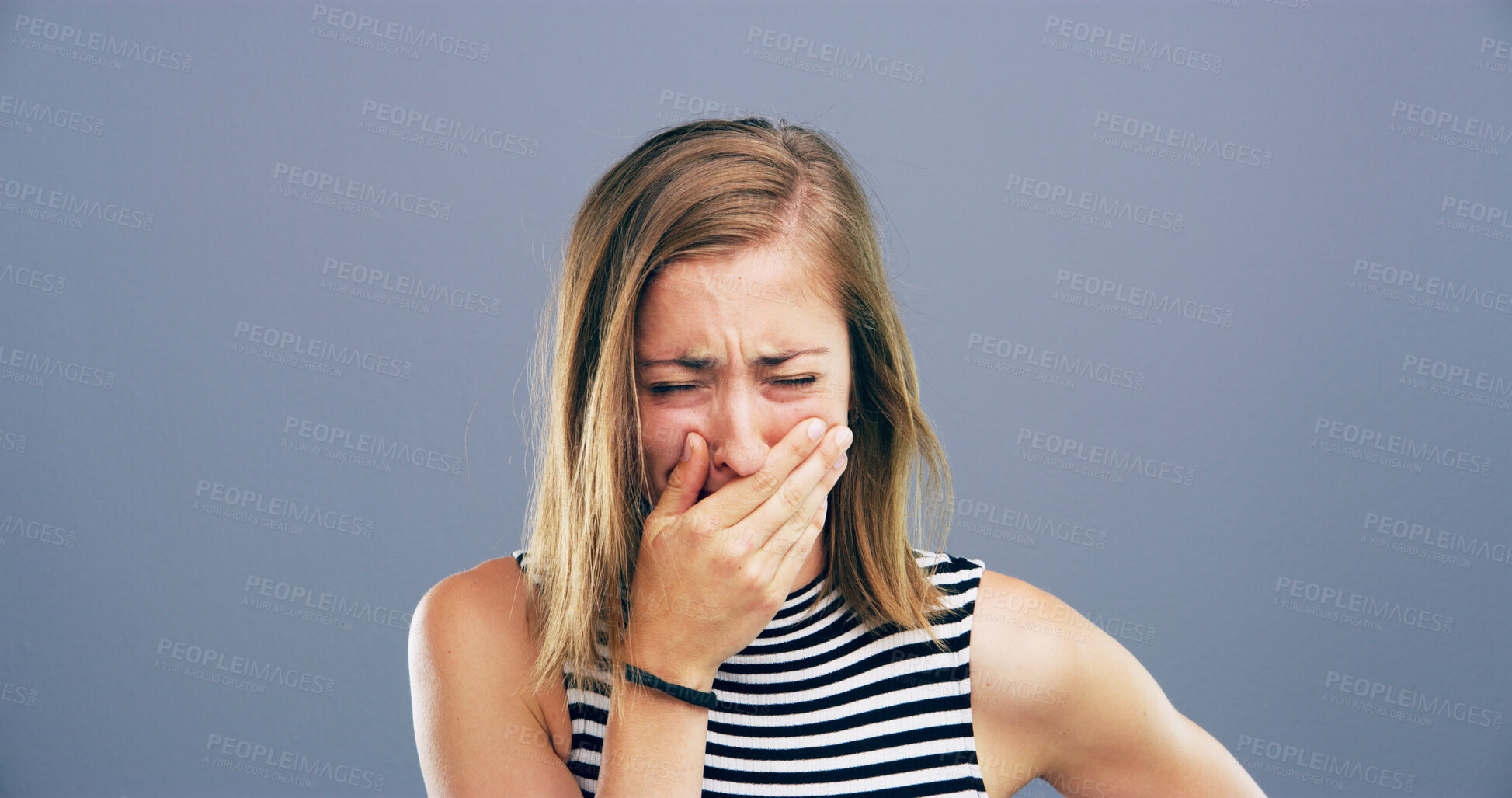 Buy stock photo Depression, woman and grief with crying in studio for mental health, pain and loss with mockup space. Emotional, person and sorrow on gray background for mourning, broken heart or unhappy from trauma