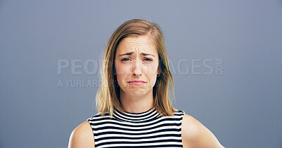 Buy stock photo Depression, woman and sad with portrait in studio for mental health, anxiety and loss with mockup space. Emotional, person and upset on gray background for breakup, broken heart and trauma from grief