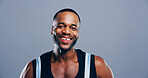 Portrait, creative and black man with smile in studio of about us, ambition and career as designer. Male person, mockup space and confident for opportunity, collection inspiration and gray background
