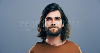 Buy stock photo Serious, business and portrait of man in studio for beard, long hair style and designer. Pride, confidence and artist with male person on background for entrepreneur, creative and talent space