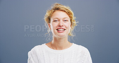 Buy stock photo Portrait, creative and woman with smile in studio for career growth, craft industry and designer. Female person, mockup space and confident for startup business, intern and Russia and gray background