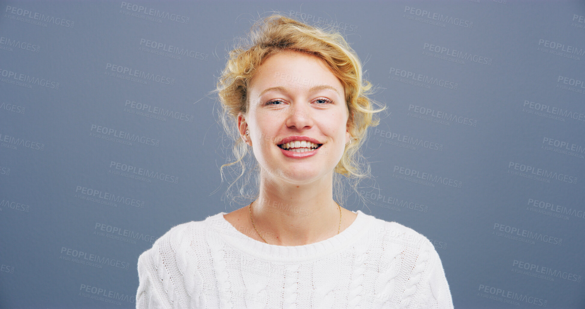 Buy stock photo Portrait, creative and woman with smile in studio for career growth, craft industry and designer. Female person, mockup space and confident for startup business, intern and Russia and gray background