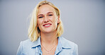 Creative, happy woman with portrait in studio for about us, ambition and career as designer. Female person, mockup space and confident with job opportunity, collection inspiration and gray background