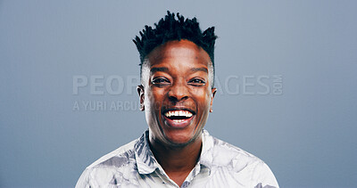 Buy stock photo Black man, portrait and laughing in studio for joke, funny memory and comedy with mockup space. Model, male person and happiness with humor by blue background, satisfaction and expression for emoji