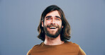 Funny, business and portrait of man in studio for professional, designer or pride. Happiness, creative startup and confidence with person laughing on background for opportunity, entrepreneur or space