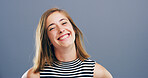 Happy, entrepreneur and portrait of woman in studio for professional, designer and pride. Smile, creative startup and confidence with person on background for opportunity, small business or space