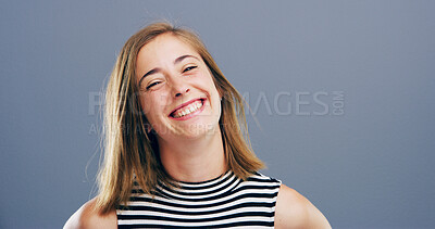 Buy stock photo Happy, entrepreneur and portrait of woman in studio for professional, designer and pride. Smile, creative startup and confidence with person on background for opportunity, small business or space