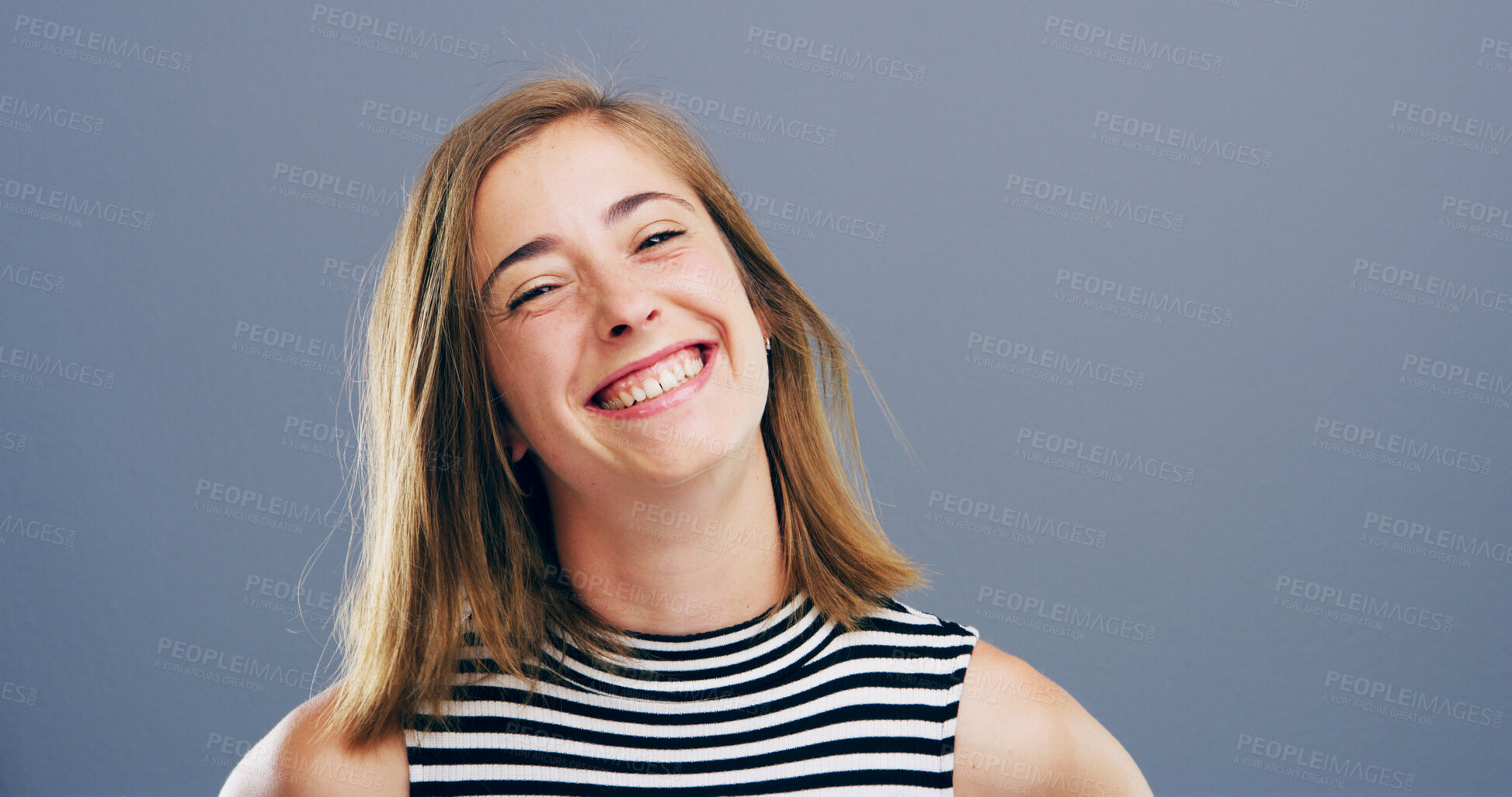 Buy stock photo Happy, entrepreneur and portrait of woman in studio for professional, designer and pride. Smile, creative startup and confidence with person on background for opportunity, small business or space