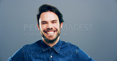 Buy stock photo Pride, business and portrait of man in studio for professional, designer and entrepreneur. Happiness, creative startup and confidence with person on background for opportunity, smile or space