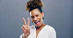 Woman, peace sign and happy in studio, excited and icon with v symbol for victory by background. Girl, shouting and smile with emoji, fashion and playful for laughing with hand gesture in Costa Rica