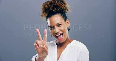 Buy stock photo Woman, peace sign and happy in studio, excited and icon with v symbol for victory by background. Girl, shouting and smile with emoji, expression and playful for laugh with hand gesture in Costa Rica