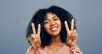 Buy stock photo Woman, peace sign and happy in studio portrait, icon and v symbol for victory by background. Girl, person and excited with smile for with emoji, fashion and vote with hand gesture in Costa Rica
