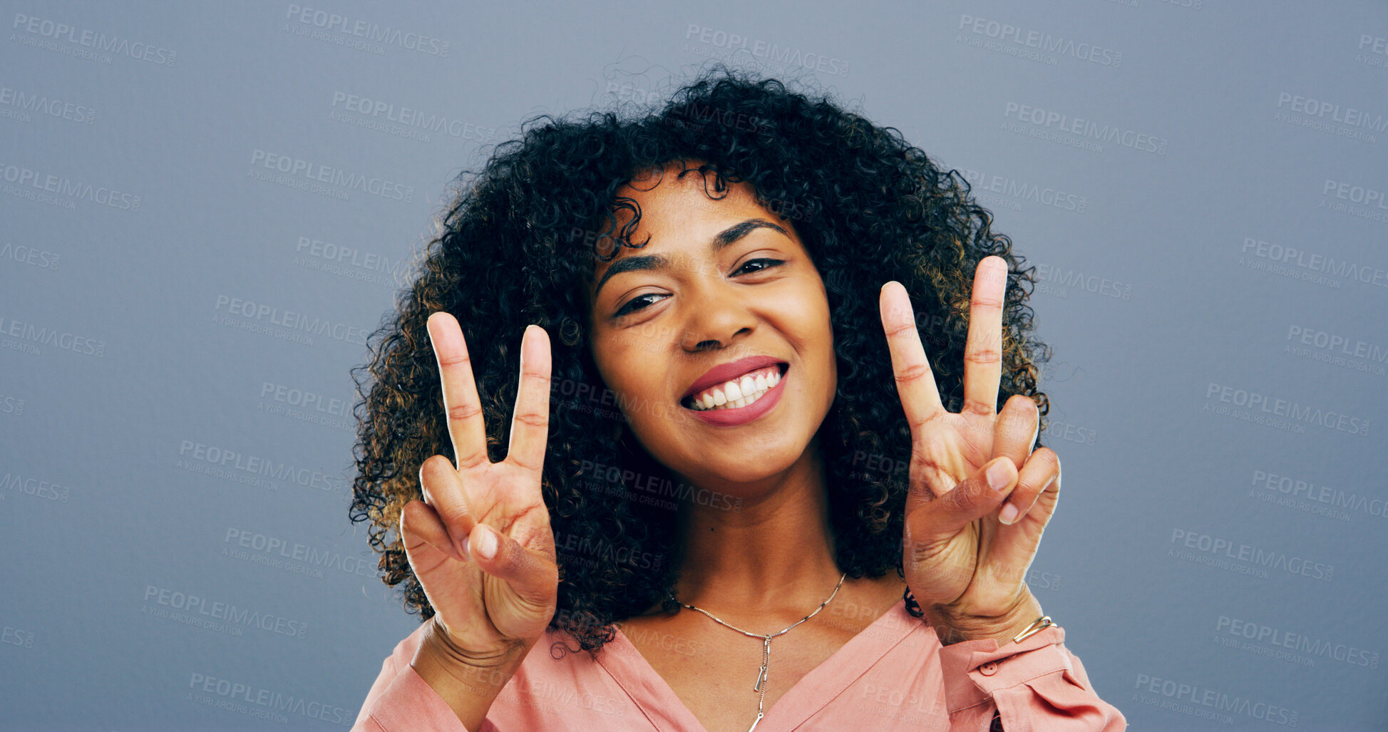 Buy stock photo Woman, peace sign and happy in studio portrait, icon and v symbol for victory by background. Girl, person and excited with smile for with emoji, fashion and vote with hand gesture in Costa Rica
