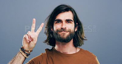 Buy stock photo Man, peace sign and happy in studio portrait, icon and v symbol for victory by background. Model, person and excited with beard, smile and emoji with fashion, vote and hand gesture in Argentina