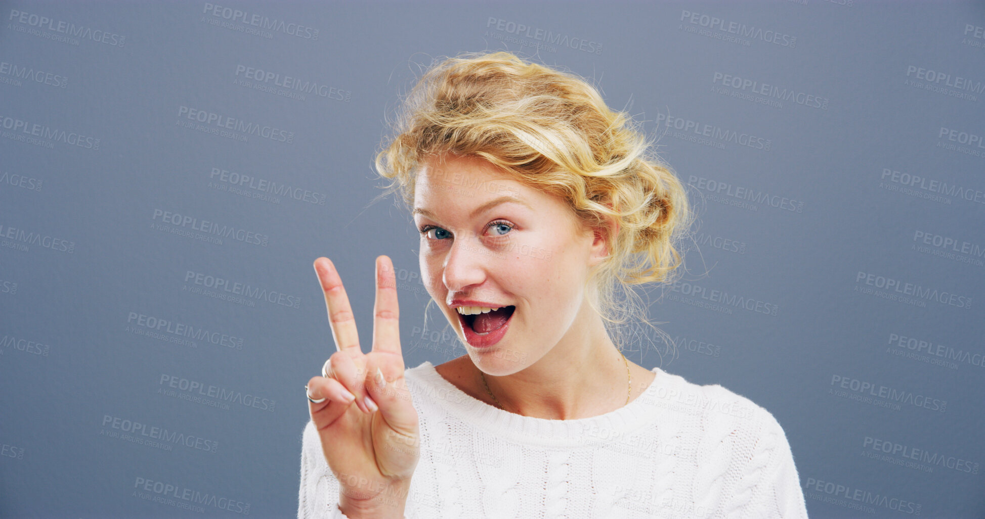Buy stock photo Woman, peace sign and space in studio portrait with smile, icon or v symbol for victory by background. Person, happy or model with emoji, fashion and style for review with hand gesture in Germany