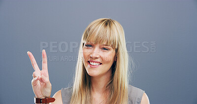 Buy stock photo Woman, peace sign and portrait in studio with smile, icon and v symbol for pride by background. Girl, person and happy with emoji, fashion and vote for human rights with hand gesture in Germany